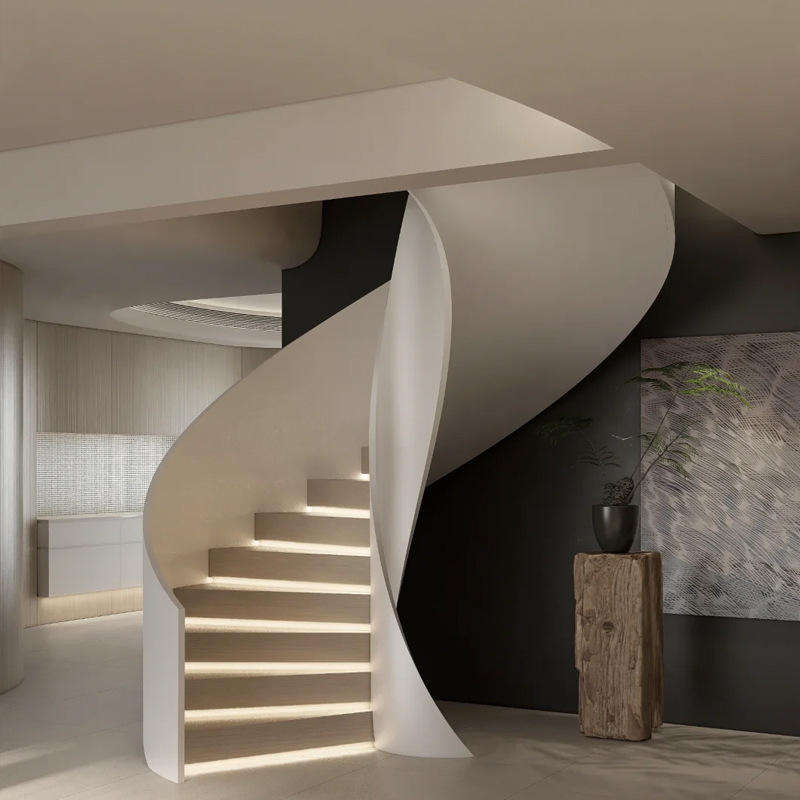Outdoor Spiral Staircase with Durable Steel and Curved Wood Glass Railing Minimalist Luxury Style - ID 1601824994190