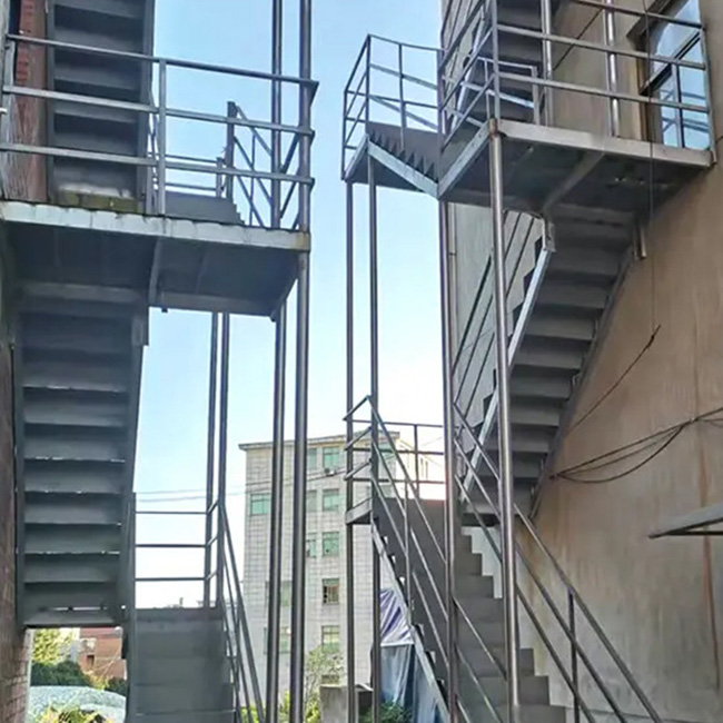 Outdoor Staircase Metal Stairs With Rod Bar Railing Carbon Steel Straight Staircase