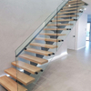 North American Modern Steel Stair Interior Straight Floating Staircase With Wood Tread and Tempered Glass Railing