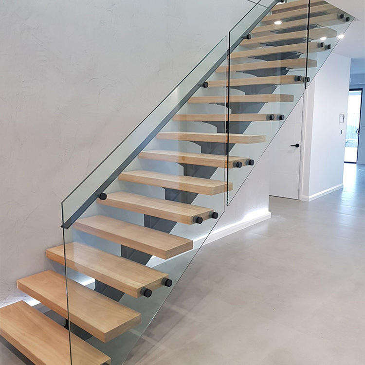 North American Modern Steel Stair Interior Straight Floating Staircase With Wood Tread and Tempered Glass Railing