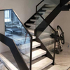 Double Stringer Black Steel Beam Wooden Staircase Glass Railing for Villa