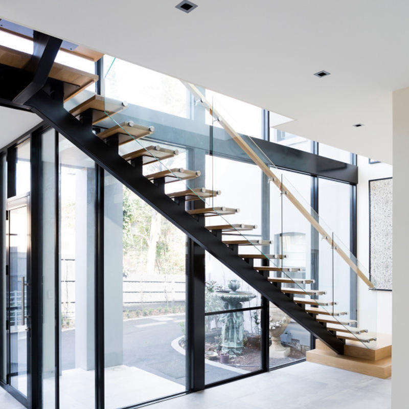 North American Modern Steel Stair Interior Straight Floating Staircase With Wood Tread and Tempered Glass Railing