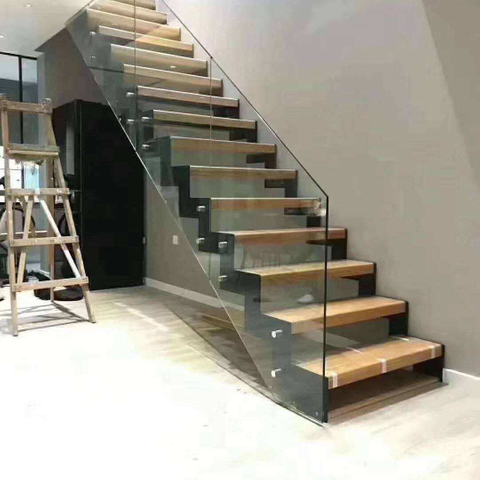 L Shape Interior Modern Staircase Design Frameless Glass Railing Wood Staircase - ID 1601799848111