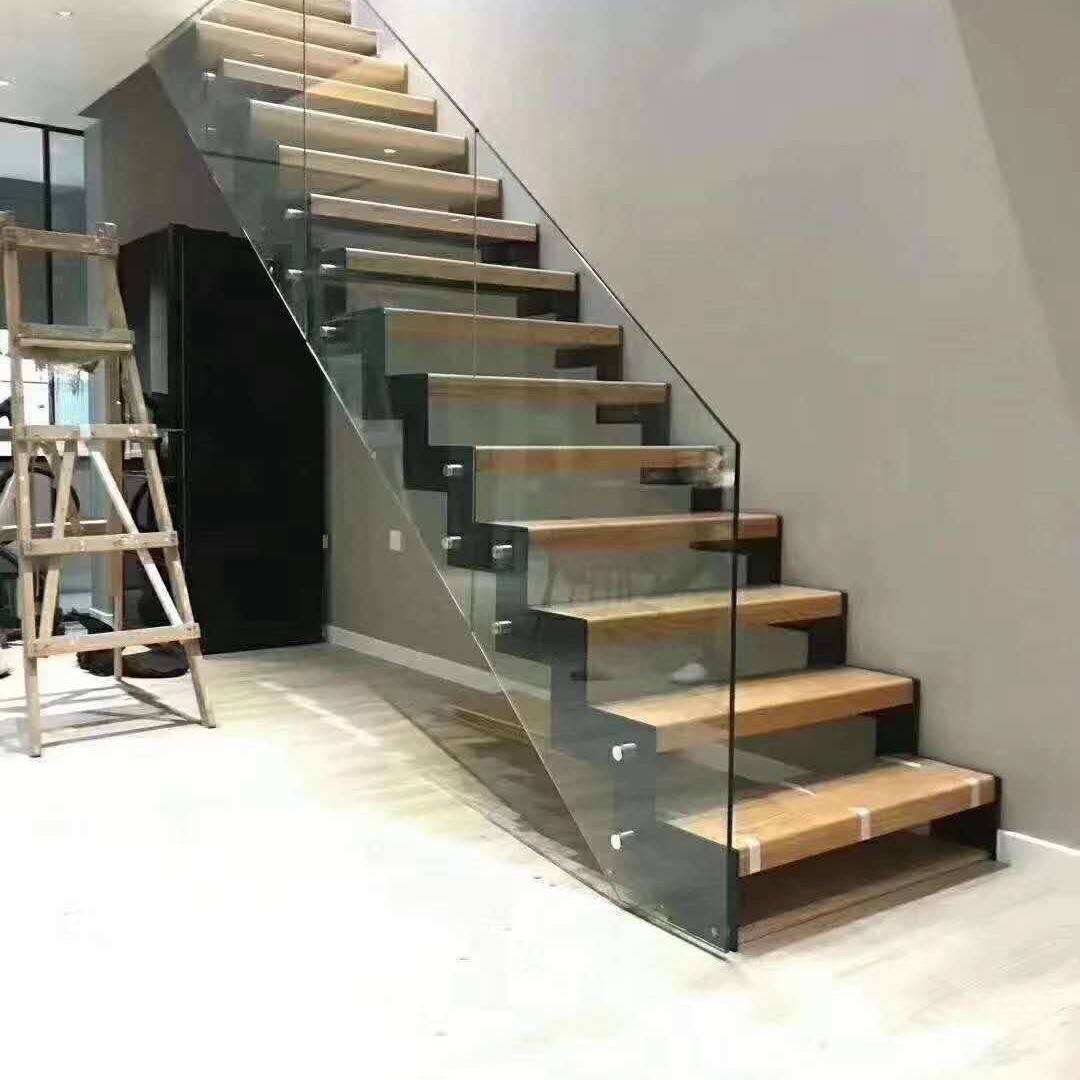 L Shape Interior Modern Staircase Design Frameless Glass Railing Wood Staircase - ID 1601799848111