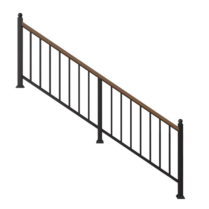 Modern Indoor Outdoor Stair Villa Balustrade with Black Stainless Steel Posts and Wooden Handrail for Hospital and Hotel Use