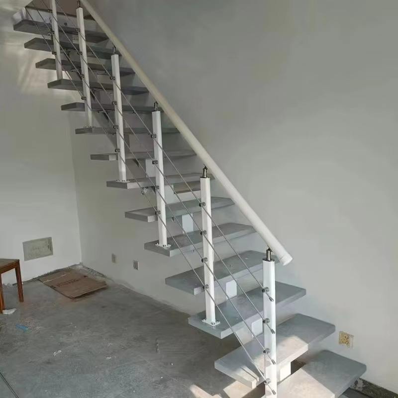 Single Stringer Stair With Wood Treads and Horizontal bar Railing Stainless Steel Railing Straight Mono Stringer Stairs