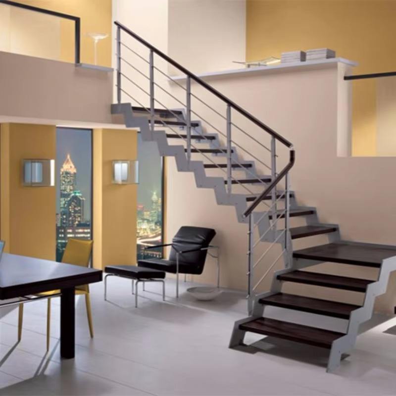 Iron Double Beams Staircase Solid Wood Stainless Steel L Shape Stairs Glass Balustrade Stair for Villa Apartment Hotel Durable