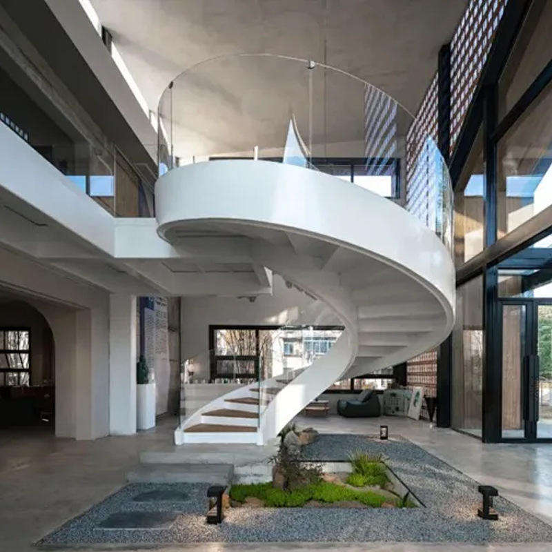 Outdoor Spiral Staircase with Durable Steel and Curved Wood Glass Railing Minimalist Luxury Style - ID 1601799938371