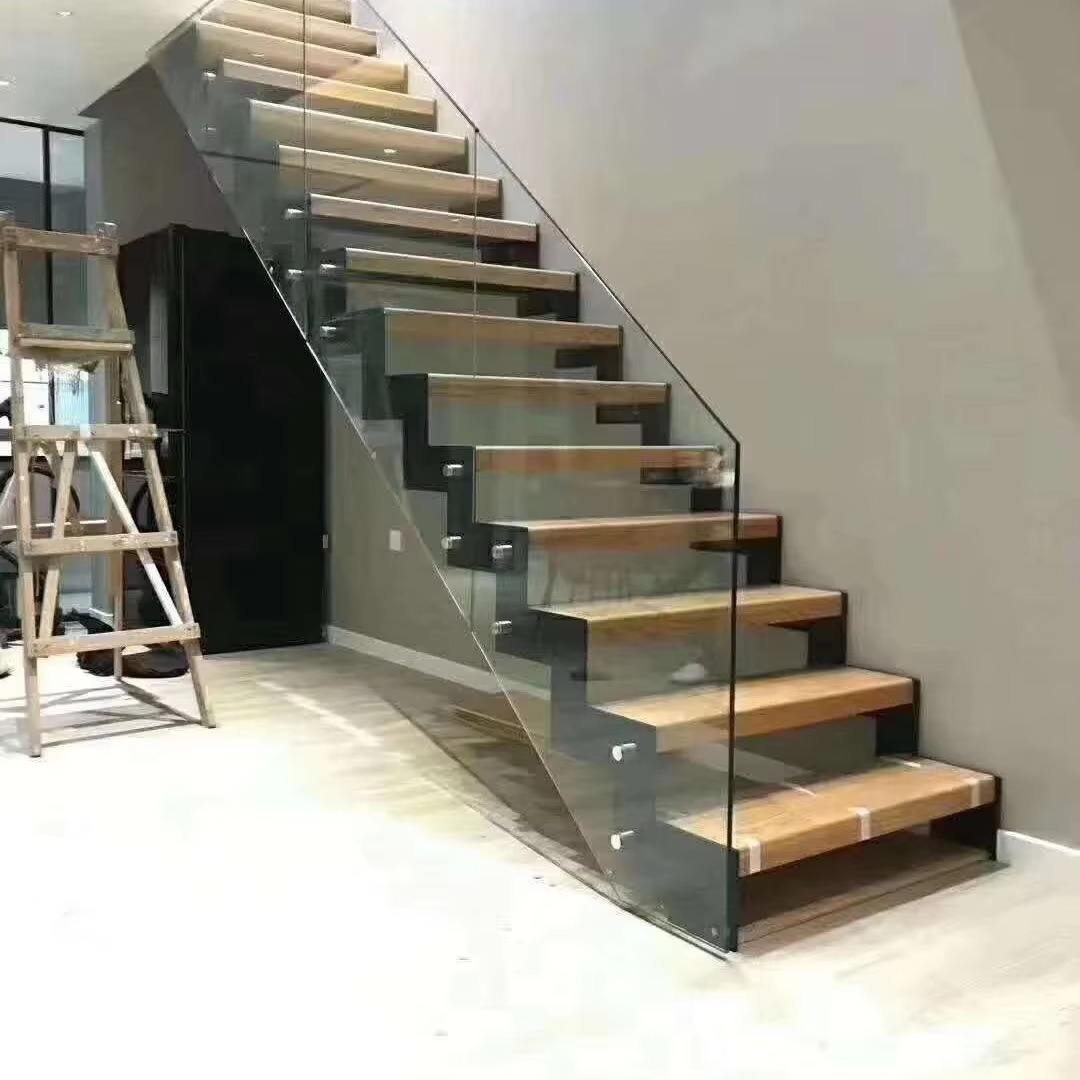 Custom Design Stainless Steel Straight Stairs Spiral Interior Staircase With Wood Tread and Glass Railing - ID 1601860464133