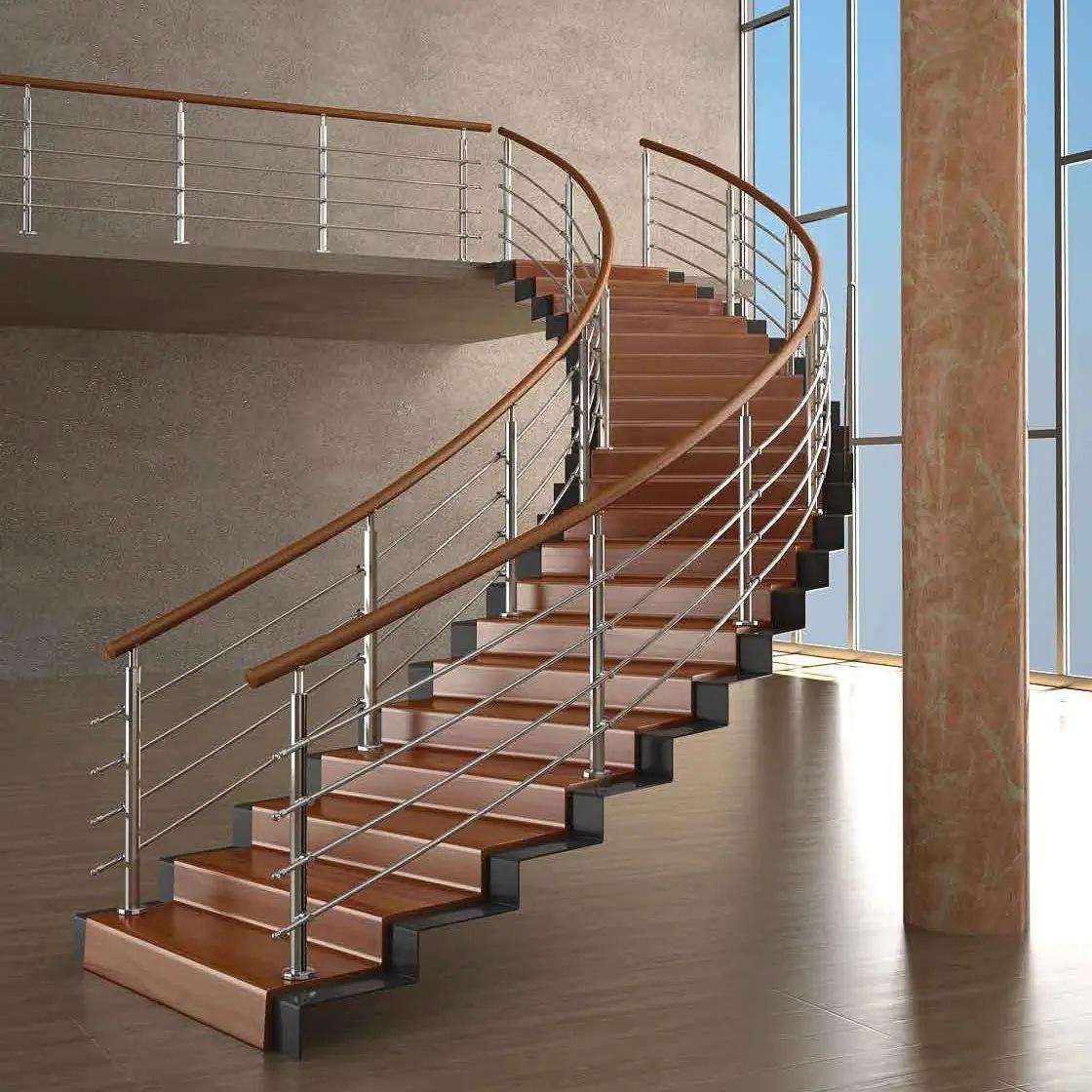 Customized Modern Design Apartment Spiral Stairs Durable White Black Steel Structure with Wooden Steps Steel Rod Railing
