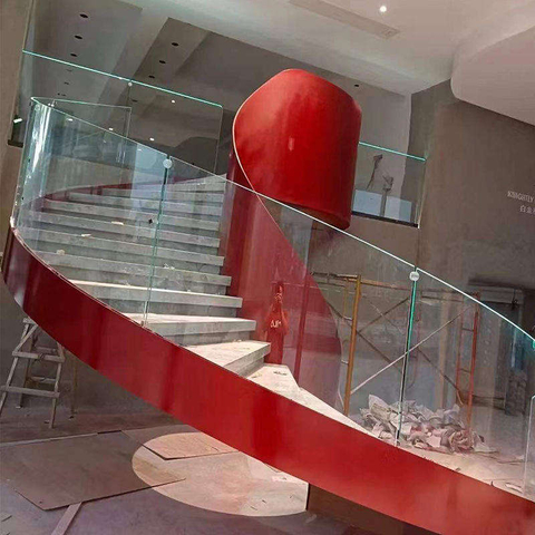 Floating Stairs with Curved Glass Railing Solid Structure Curtain Wall for Hall Supermarket Hospital Hotel School Use