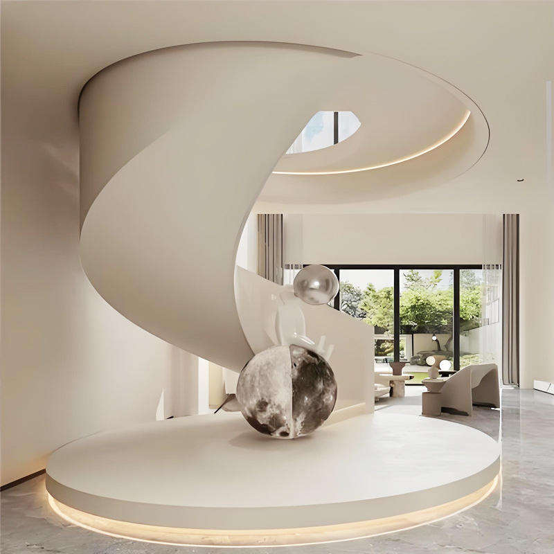 Hot Sale Spiral Steel Stringer Staircase with Marble Stone Treads and Modern Indoor Villa Design