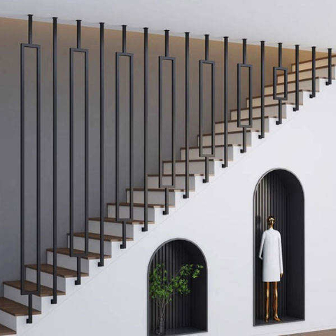 Popular Rectangle Series Hollow Tube Indoor Stair Wrought Iron Powder Coated Steel Stair Railing