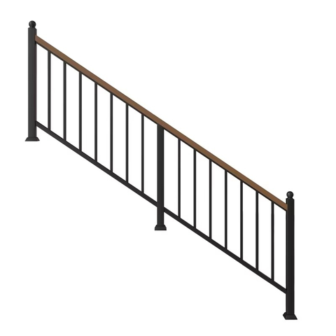 Modern Farmhouse Park Style Indoor Outdoor Staircase Balustrade System with Wrought Iron Wood Handrail and Black Posts
