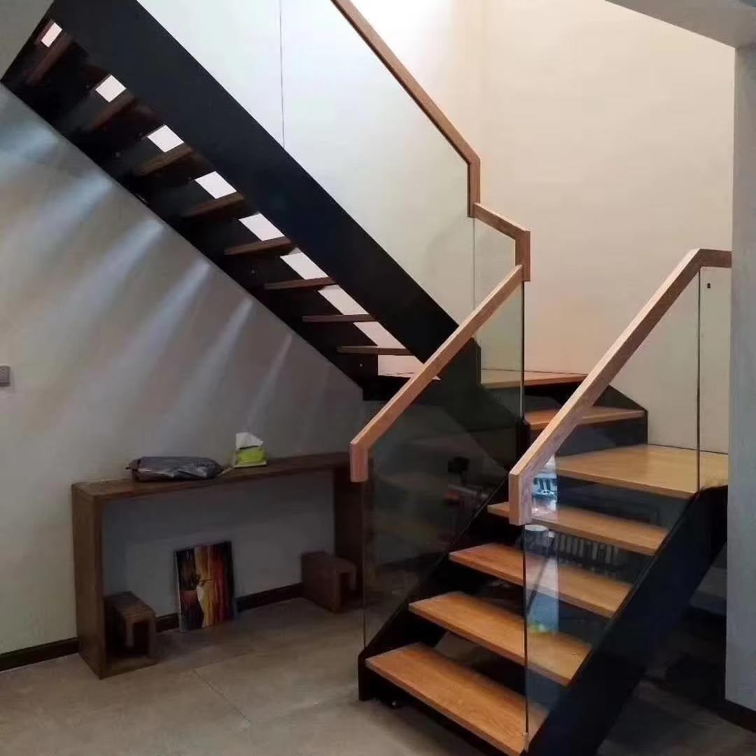 Iron Double Beams Staircase Solid Wood Stainless Steel L Shape Stairs Glass Balustrade Stair for Villa Apartment Hotel Durable