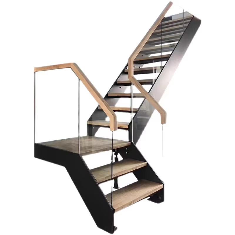 L Shape Interior Modern Staircase Design Frameless Glass Railing Wood Staircase - ID 1601860343833