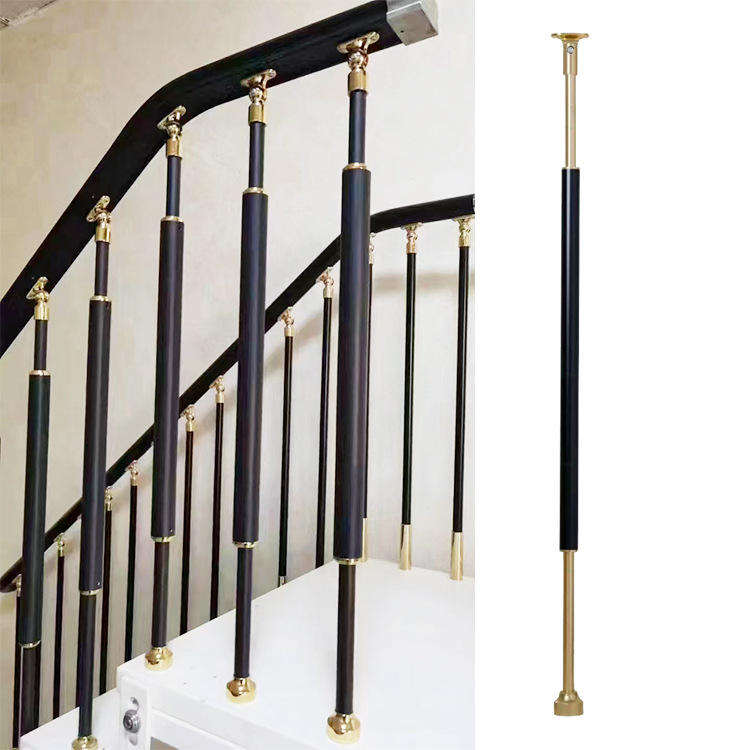 Modern Design Aluminum Satin Black Baluster Spindle Picket with Electroplated Brass Top and Base Shoes